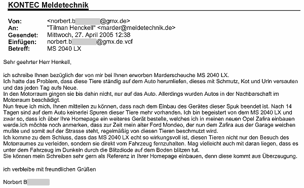 Marderabwehr,KONTEC,Kundenrezension,Kunde,Erfahrung,Erfahrungsberichte,Empfehlung,Marder,verscheuchen,scheuchen,Marderschreck,Marderscheuche,Marderpiepser,Motorraum,Auto,Dachboden,Zwischendecke,Wissen,Erfolg,erfolgreich,Langjährig,Jahrelang,Qualität,Leistung,auszahlt,zahlt,sich,aus,Investition,investiert,hochwertig,leistungsstark,zuverlässig,echo,Erfahrungen