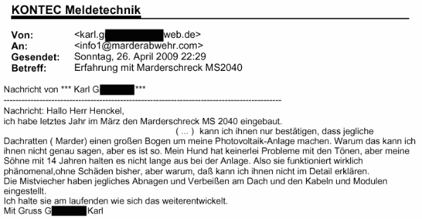 Marderabwehr,KONTEC,Kundenrezension,Kunde,Erfahrung,Erfahrungsberichte,Empfehlung,Marder,verscheuchen,scheuchen,Marderschreck,Marderscheuche,Marderpiepser,Motorraum,Auto,Dachboden,Zwischendecke,Wissen,Erfolg,erfolgreich,Langjährig,Jahrelang,Qualität,Leistung,auszahlt,zahlt,sich,aus,Investition,investiert,hochwertig,leistungsstark,zuverlässig,echo,Erfahrungen