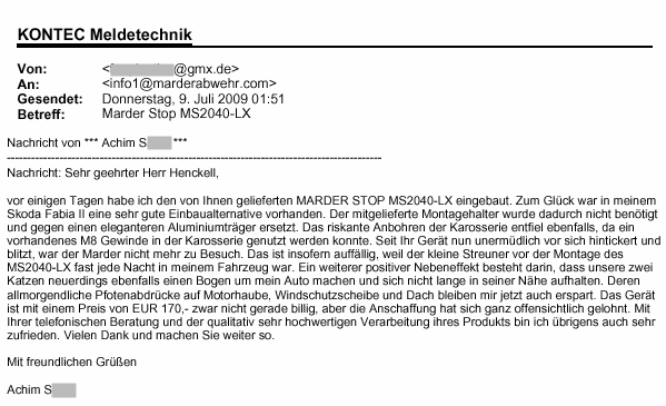 Marderabwehr,KONTEC,Kundenrezension,Kunde,Erfahrung,Erfahrungsberichte,Empfehlung,Marder,verscheuchen,scheuchen,Marderschreck,Marderscheuche,Marderpiepser,Motorraum,Auto,Dachboden,Zwischendecke,Wissen,Erfolg,erfolgreich,Langjährig,Jahrelang,Qualität,Leistung,auszahlt,zahlt,sich,aus,Investition,investiert,hochwertig,leistungsstark,zuverlässig,echo,Erfahrungen