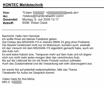 Marderabwehr,KONTEC,Kundenrezension,Kunde,Erfahrung,Erfahrungsberichte,Empfehlung,Marder,verscheuchen,scheuchen,Marderschreck,Marderscheuche,Marderpiepser,Motorraum,Auto,Dachboden,Zwischendecke,Wissen,Erfolg,erfolgreich,Langjährig,Jahrelang,Qualität,Leistung,auszahlt,zahlt,sich,aus,Investition,investiert,hochwertig,leistungsstark,zuverlässig,echo,Erfahrungen