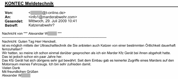 Marderabwehr,KONTEC,Kundenrezension,Kunde,Erfahrung,Erfahrungsberichte,Empfehlung,Marder,verscheuchen,scheuchen,Marderschreck,Marderscheuche,Marderpiepser,Motorraum,Auto,Dachboden,Zwischendecke,Wissen,Erfolg,erfolgreich,Langjährig,Jahrelang,Qualität,Leistung,auszahlt,zahlt,sich,aus,Investition,investiert,hochwertig,leistungsstark,zuverlässig,echo,Erfahrungen