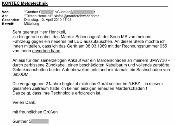 Marderabwehr,KONTEC,Kundenrezension,Kunde,Erfahrung,Erfahrungsberichte,Empfehlung,Marder,verscheuchen,scheuchen,Marderschreck,Marderscheuche,Marderpiepser,Motorraum,Auto,Dachboden,Zwischendecke,Wissen,Erfolg,erfolgreich,Langjährig,Jahrelang,Qualität,Leistung,auszahlt,zahlt,sich,aus,Investition,investiert,hochwertig,leistungsstark,zuverlässig,echo,Erfahrungen