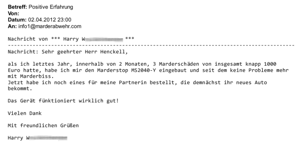 Marderabwehr,KONTEC,Kundenrezension,Kunde,Erfahrung,Erfahrungsberichte,Empfehlung,Marder,verscheuchen,scheuchen,Marderschreck,Marderscheuche,Marderpiepser,Motorraum,Auto,Dachboden,Zwischendecke,Wissen,Erfolg,erfolgreich,Langjährig,Jahrelang,Qualität,Leistung,auszahlt,zahlt,sich,aus,Investition,investiert,hochwertig,leistungsstark,zuverlässig,echo,Erfahrungen