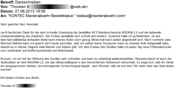 Marderabwehr,KONTEC,Kundenrezension,Kunde,Erfahrung,Erfahrungsberichte,Empfehlung,Marder,verscheuchen,scheuchen,Marderschreck,Marderscheuche,Marderpiepser,Motorraum,Auto,Dachboden,Zwischendecke,Wissen,Erfolg,erfolgreich,Langjährig,Jahrelang,Qualität,Leistung,auszahlt,zahlt,sich,aus,Investition,investiert,hochwertig,leistungsstark,zuverlässig,echo,Erfahrungen