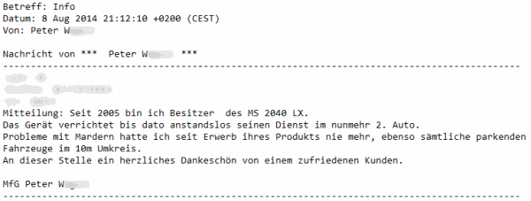 Marderabwehr,KONTEC,Kundenrezension,Kunde,Erfahrung,Erfahrungsberichte,Empfehlung,Marder,verscheuchen,scheuchen,Marderschreck,Marderscheuche,Marderpiepser,Motorraum,Auto,Dachboden,Zwischendecke,Wissen,Erfolg,erfolgreich,Langjährig,Jahrelang,Qualität,Leistung,auszahlt,zahlt,sich,aus,Investition,investiert,hochwertig,leistungsstark,zuverlässig,echo,Erfahrungen