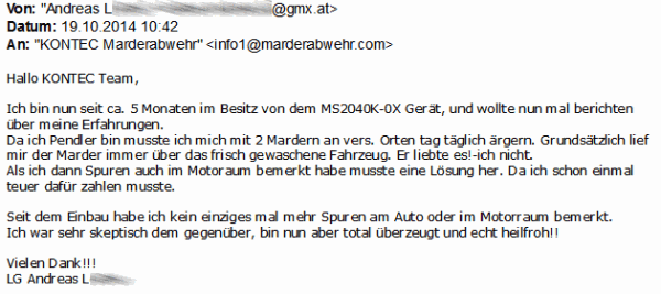 Marderabwehr,KONTEC,Kundenrezension,Kunde,Erfahrung,Erfahrungsberichte,Empfehlung,Marder,verscheuchen,scheuchen,Marderschreck,Marderscheuche,Marderpiepser,Motorraum,Auto,Dachboden,Zwischendecke,Wissen,Erfolg,erfolgreich,Langjährig,Jahrelang,Qualität,Leistung,auszahlt,zahlt,sich,aus,Investition,investiert,hochwertig,leistungsstark,zuverlässig,echo,Erfahrungen