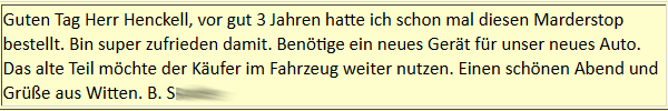 Marderabwehr,KONTEC,Kundenrezension,Kunde,Erfahrung,Erfahrungsberichte,Empfehlung,Marder,verscheuchen,scheuchen,Marderschreck,Marderscheuche,Marderpiepser,Motorraum,Auto,Dachboden,Zwischendecke,Wissen,Erfolg,erfolgreich,Langjährig,Jahrelang,Qualität,Leistung,auszahlt,zahlt,sich,aus,Investition,investiert,hochwertig,leistungsstark,zuverlässig,echo,Erfahrungen