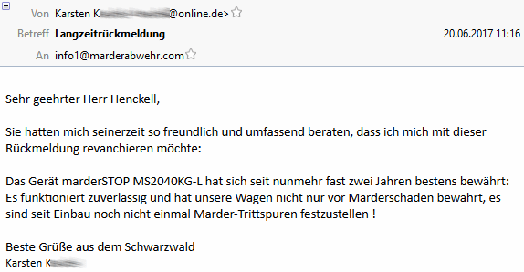 Marderabwehr,KONTEC,Kundenrezension,Kunde,Erfahrung,Erfahrungsberichte,Empfehlung,Marder,verscheuchen,scheuchen,Marderschreck,Marderscheuche,Marderpiepser,Motorraum,Auto,Dachboden,Zwischendecke,Wissen,Erfolg,erfolgreich,Langjährig,Jahrelang,Qualität,Leistung,auszahlt,zahlt,sich,aus,Investition,investiert,hochwertig,leistungsstark,zuverlässig,echo,Erfahrungen