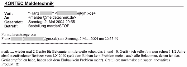 Marderabwehr,KONTEC,Kundenrezension,Kunde,Erfahrung,Erfahrungsberichte,Empfehlung,Marder,verscheuchen,scheuchen,Marderschreck,Marderscheuche,Marderpiepser,Motorraum,Auto,Dachboden,Zwischendecke,Wissen,Erfolg,erfolgreich,Langjährig,Jahrelang,Qualität,Leistung,auszahlt,zahlt,sich,aus,Investition,investiert,hochwertig,leistungsstark,zuverlässig,echo,Erfahrungen