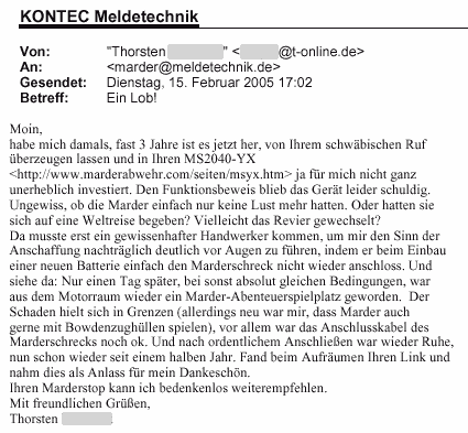 Marderabwehr,KONTEC,Kundenrezension,Kunde,Erfahrung,Erfahrungsberichte,Empfehlung,Marder,verscheuchen,scheuchen,Marderschreck,Marderscheuche,Marderpiepser,Motorraum,Auto,Dachboden,Zwischendecke,Wissen,Erfolg,erfolgreich,Langjährig,Jahrelang,Qualität,Leistung,auszahlt,zahlt,sich,aus,Investition,investiert,hochwertig,leistungsstark,zuverlässig,echo,Erfahrungen
