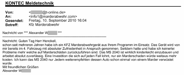 Marderabwehr,KONTEC,Kundenrezension,Kunde,Erfahrung,Erfahrungsberichte,Empfehlung,Marder,verscheuchen,scheuchen,Marderschreck,Marderscheuche,Marderpiepser,Motorraum,Auto,Dachboden,Zwischendecke,Wissen,Erfolg,erfolgreich,Langjährig,Jahrelang,Qualität,Leistung,auszahlt,zahlt,sich,aus,Investition,investiert,hochwertig,leistungsstark,zuverlässig,echo,Erfahrungen