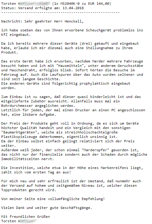 Marderabwehr,KONTEC,Kundenrezension,Kunde,Erfahrung,Erfahrungsberichte,Empfehlung,Marder,verscheuchen,scheuchen,Marderschreck,Marderscheuche,Marderpiepser,Motorraum,Auto,Dachboden,Zwischendecke,Wissen,Erfolg,erfolgreich,Langjährig,Jahrelang,Qualität,Leistung,auszahlt,zahlt,sich,aus,Investition,investiert,hochwertig,leistungsstark,zuverlässig,echo,Erfahrungen