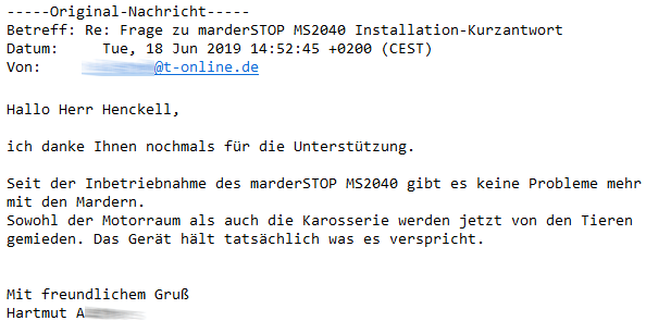Marderabwehr,KONTEC,Kundenrezension,Kunde,Erfahrung,Erfahrungsberichte,Empfehlung,Marder,verscheuchen,scheuchen,Marderschreck,Marderscheuche,Marderpiepser,Motorraum,Auto,Dachboden,Zwischendecke,Wissen,Erfolg,erfolgreich,Langjährig,Jahrelang,Qualität,Leistung,auszahlt,zahlt,sich,aus,Investition,investiert,hochwertig,leistungsstark,zuverlässig,echo,Erfahrungen